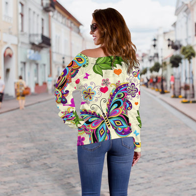 Butterfly Colorful Indian Style Off Shoulder Sweatshirt