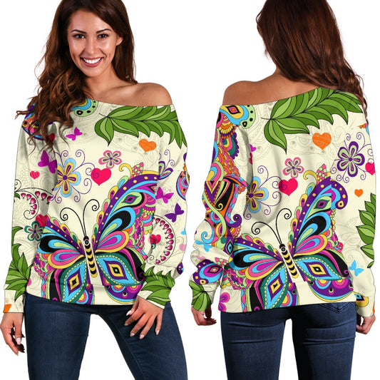 Butterfly Colorful Indian Style Off Shoulder Sweatshirt