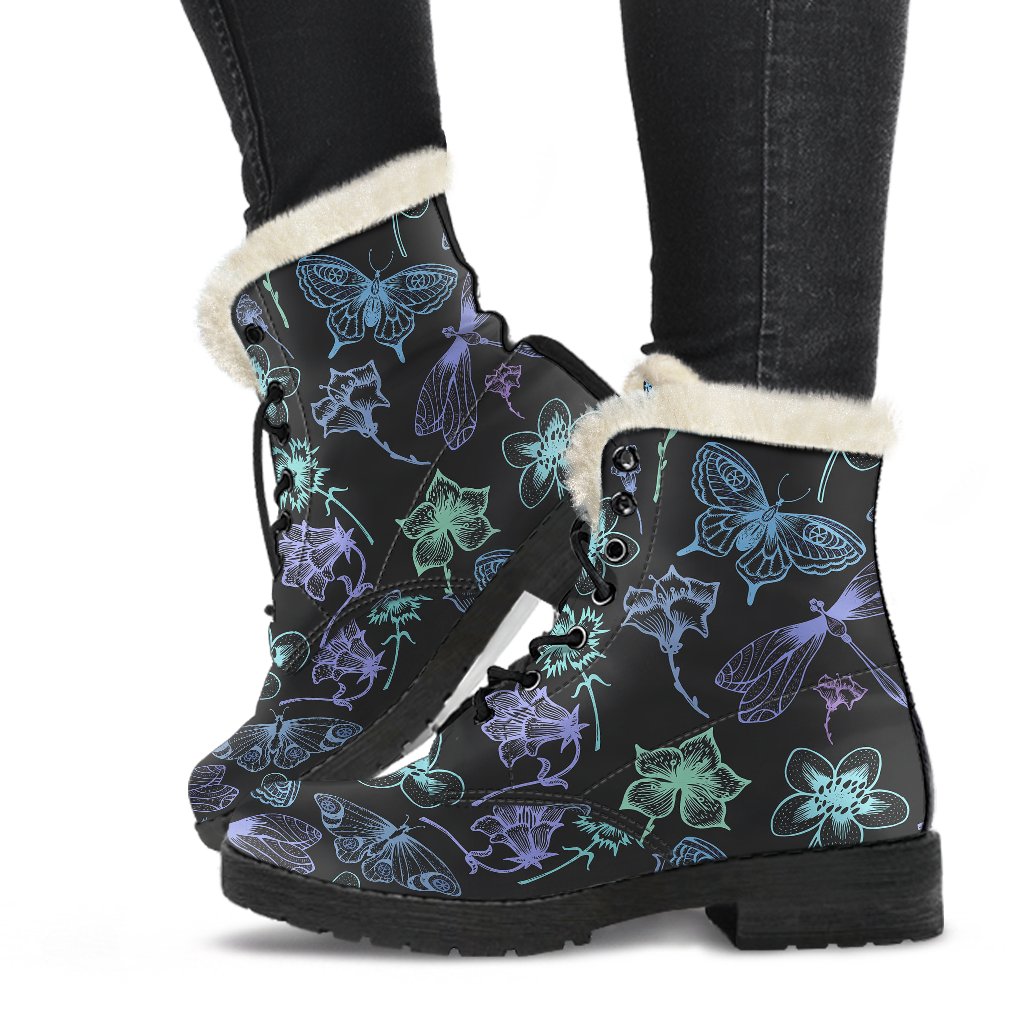 Butterfly Dragonfly Faux Fur Leather Boots