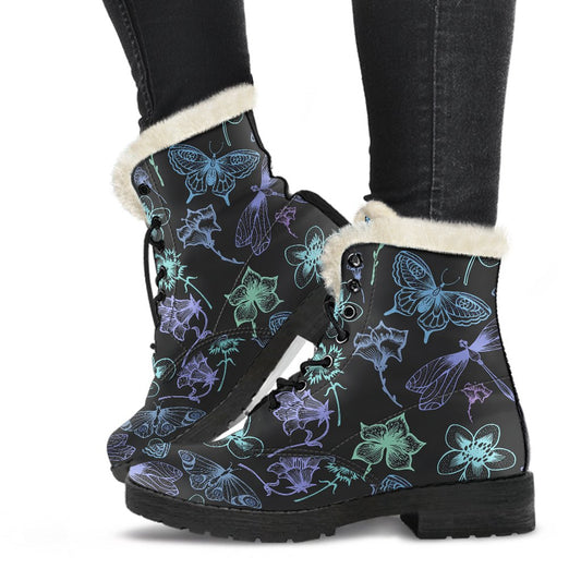 Butterfly Dragonfly Faux Fur Leather Boots