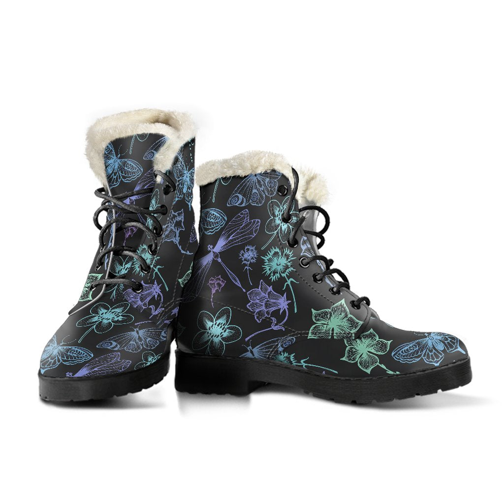 Butterfly Dragonfly Faux Fur Leather Boots