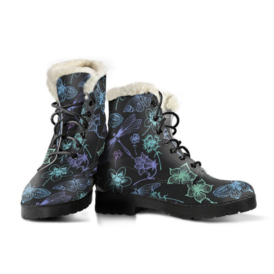 Butterfly Dragonfly Faux Fur Leather Boots