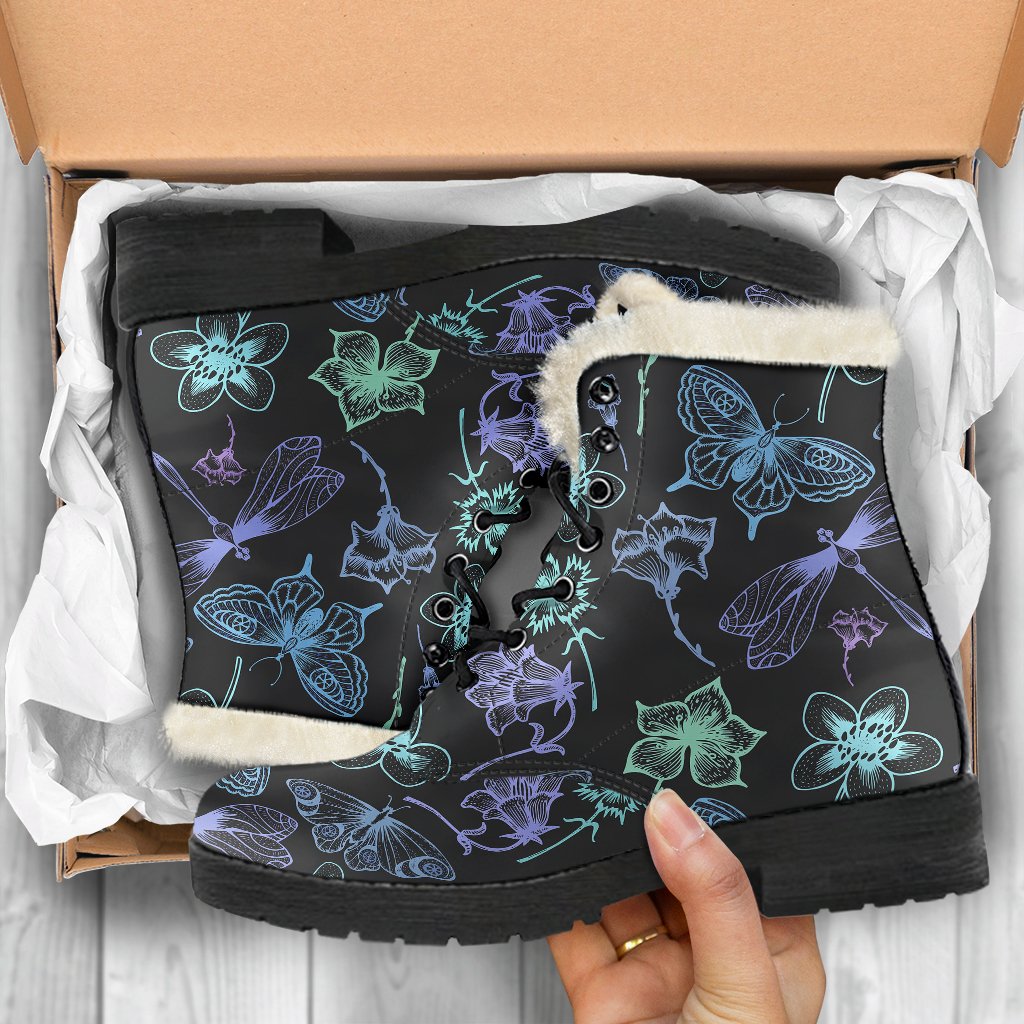 Butterfly Dragonfly Faux Fur Leather Boots