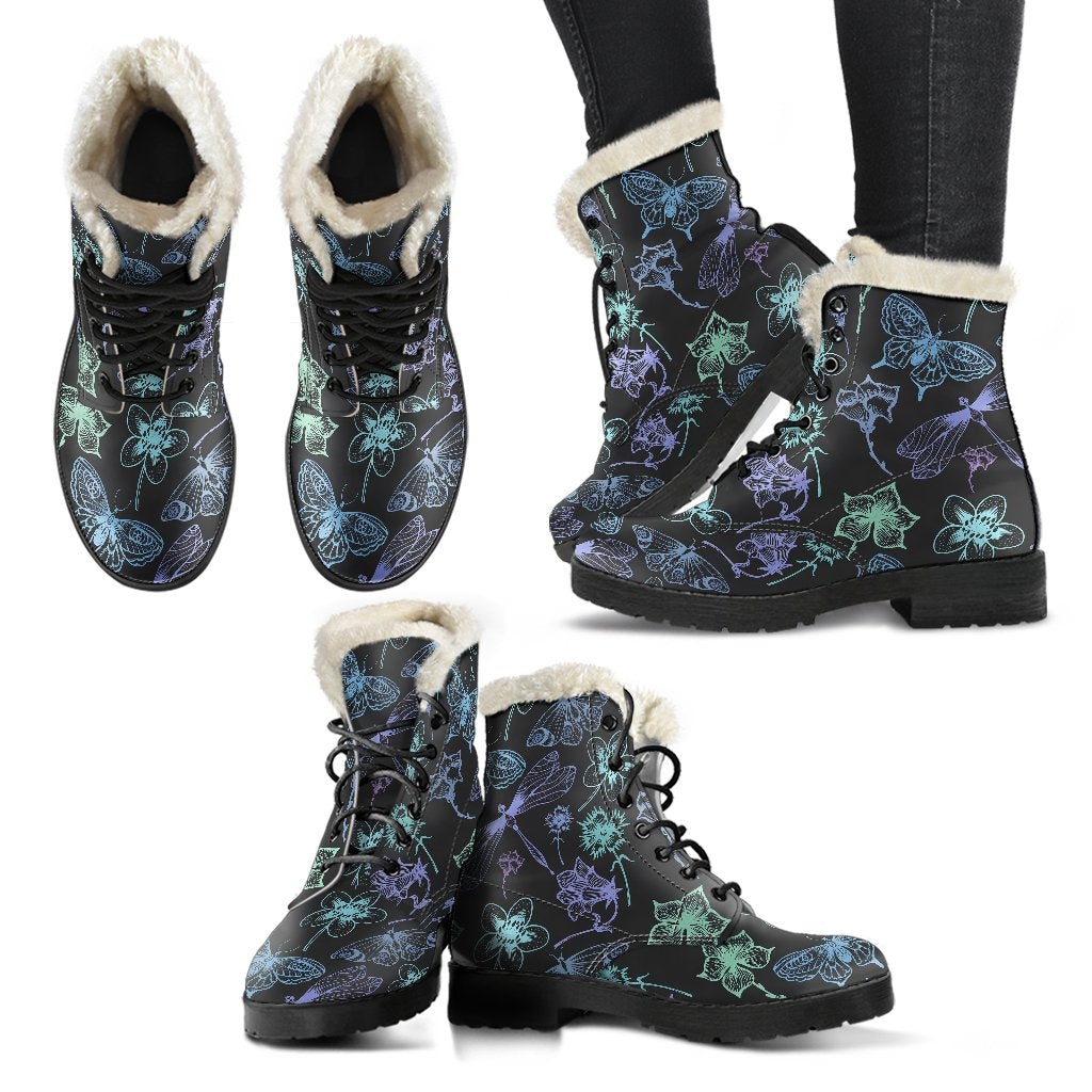 Butterfly Dragonfly Faux Fur Leather Boots
