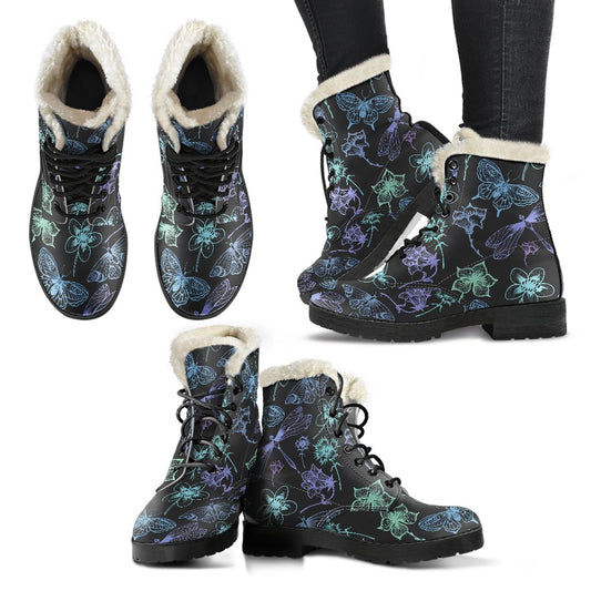 Butterfly Dragonfly Faux Fur Leather Boots