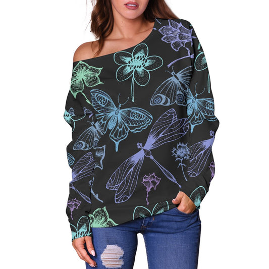 Butterfly Dragonfly Off Shoulder Sweatshirt