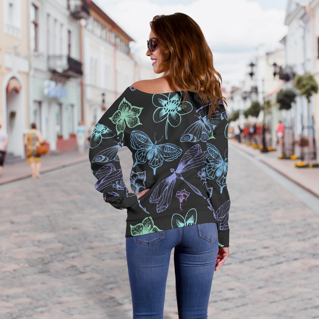 Butterfly Dragonfly Off Shoulder Sweatshirt