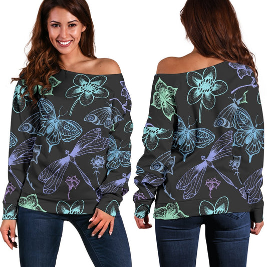 Butterfly Dragonfly Off Shoulder Sweatshirt