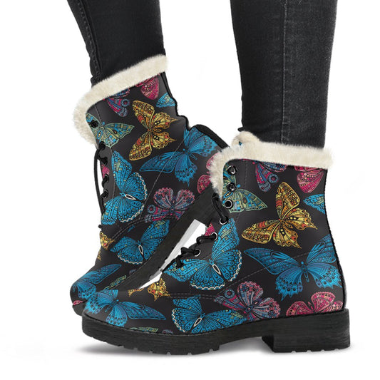 Butterfly Mandala Style Faux Fur Leather Boots