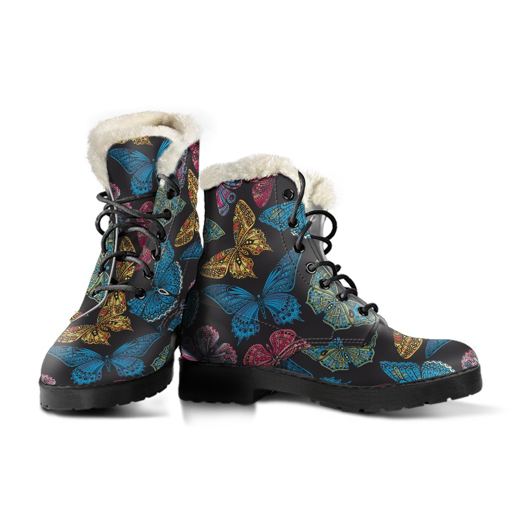 Butterfly Mandala Style Faux Fur Leather Boots