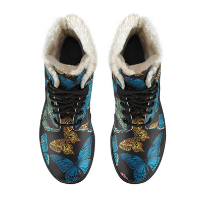 Butterfly Mandala Style Faux Fur Leather Boots