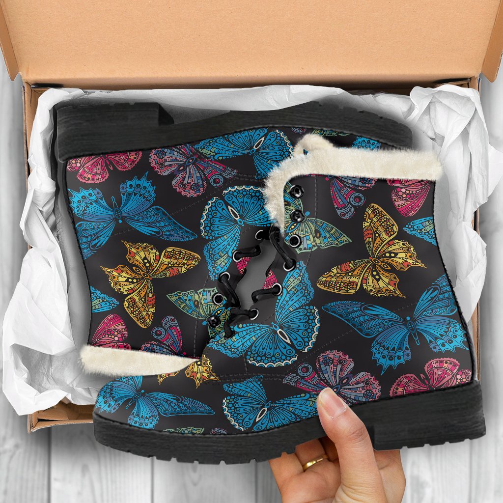 Butterfly Mandala Style Faux Fur Leather Boots