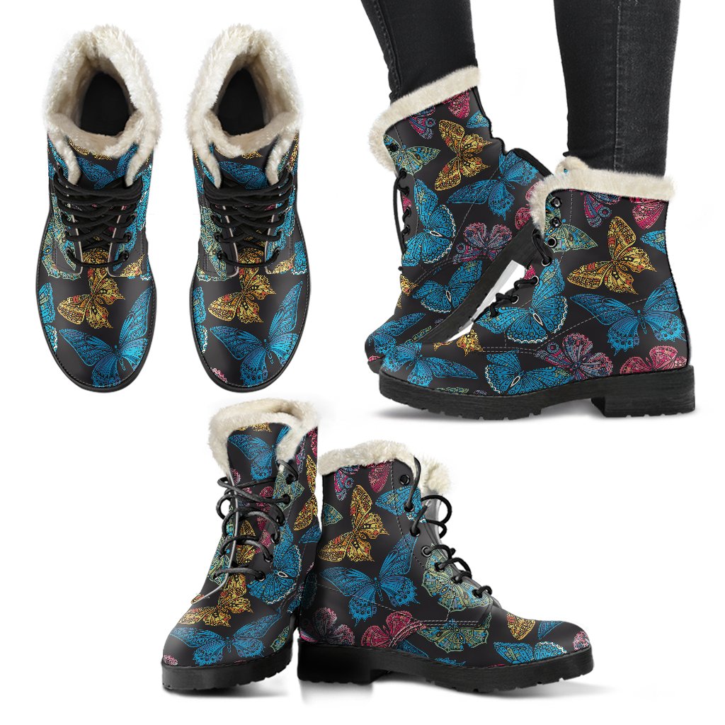 Butterfly Mandala Style Faux Fur Leather Boots