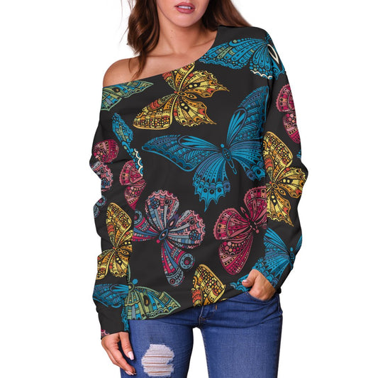Butterfly Mandala Style Off Shoulder Sweatshirt