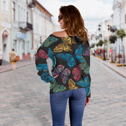 Butterfly Mandala Style Off Shoulder Sweatshirt