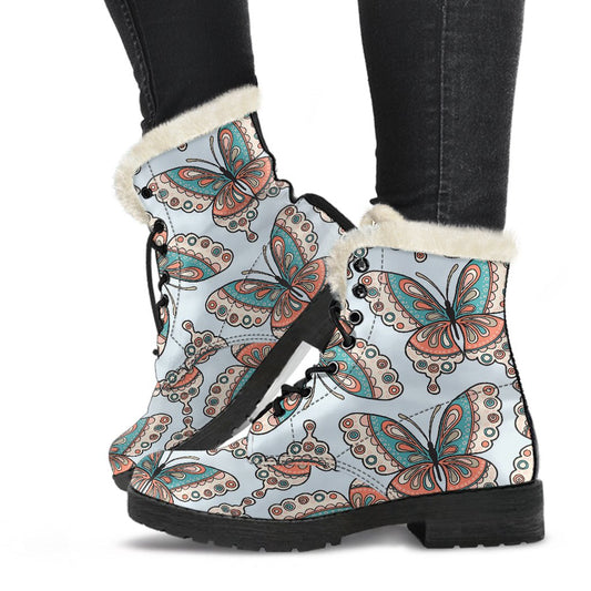 Butterfly Pattern Faux Fur Leather Boots