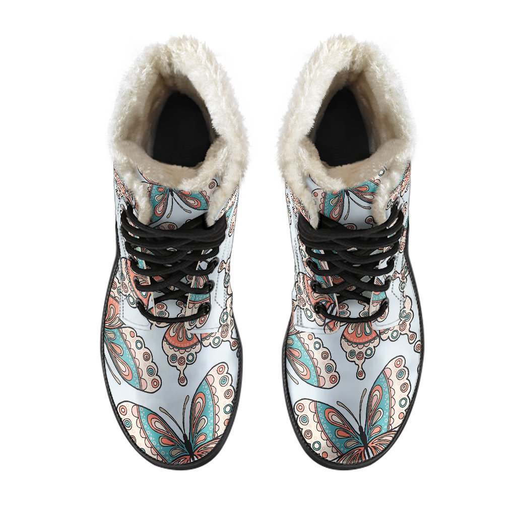 Butterfly Pattern Faux Fur Leather Boots