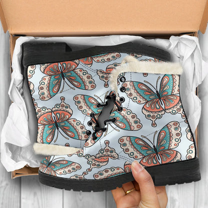 Butterfly Pattern Faux Fur Leather Boots