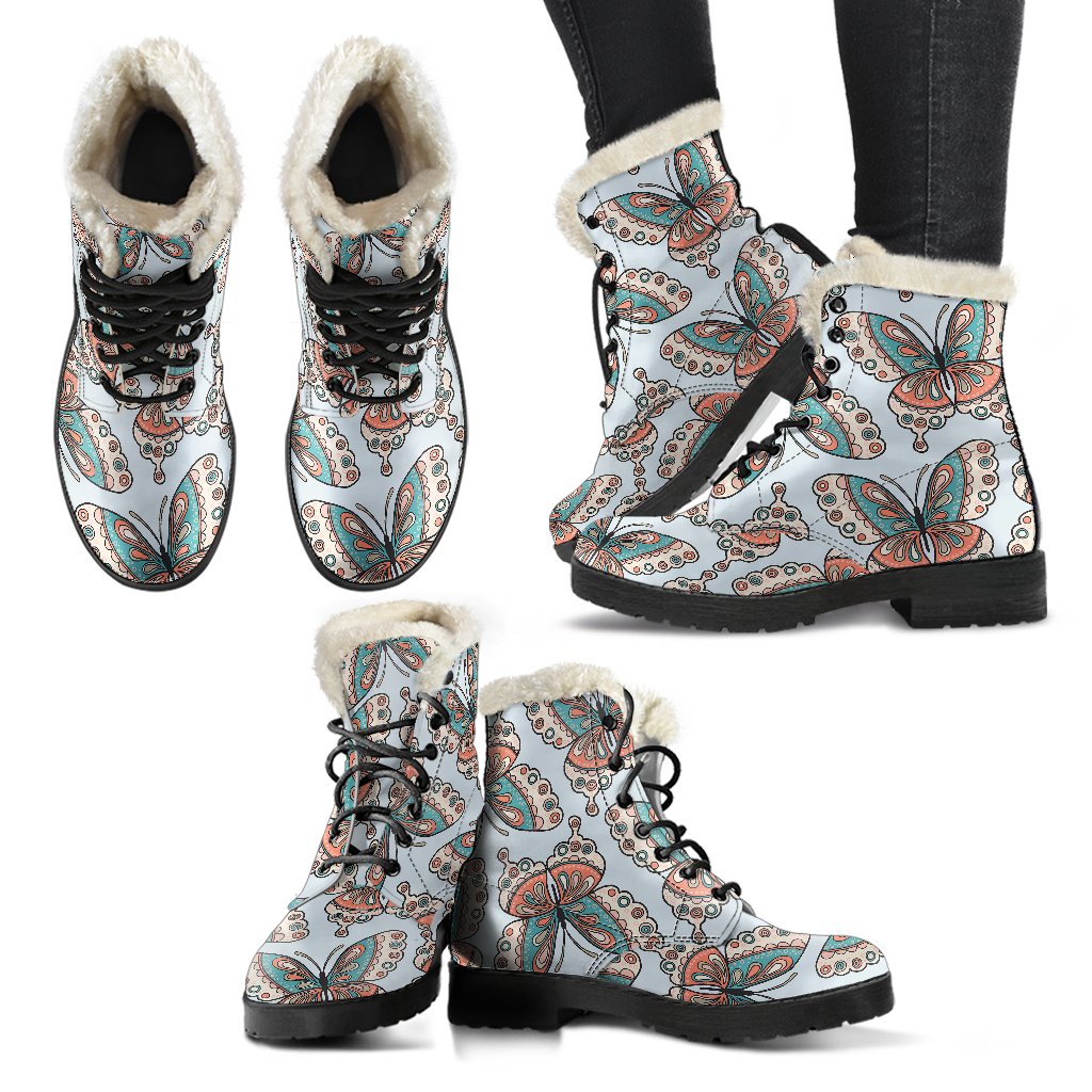 Butterfly Pattern Faux Fur Leather Boots