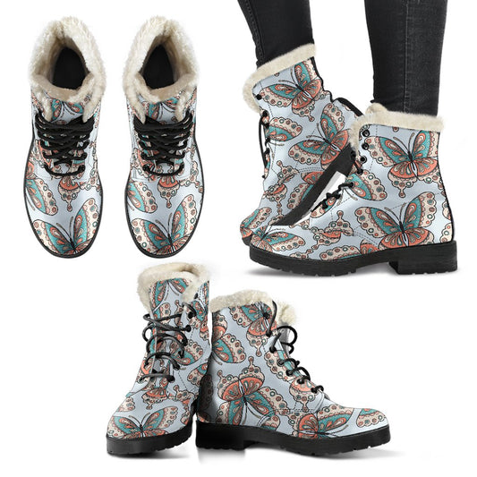 Butterfly Pattern Faux Fur Leather Boots