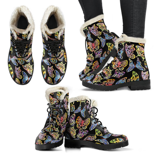 Butterfly Water Color Rainbow Faux Fur Leather Boots