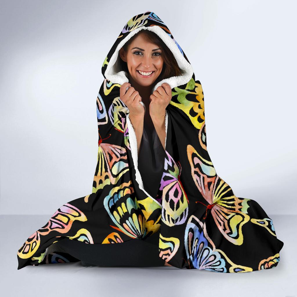 Butterfly Water Color Rainbow Hooded Blanket-JORJUNE.COM
