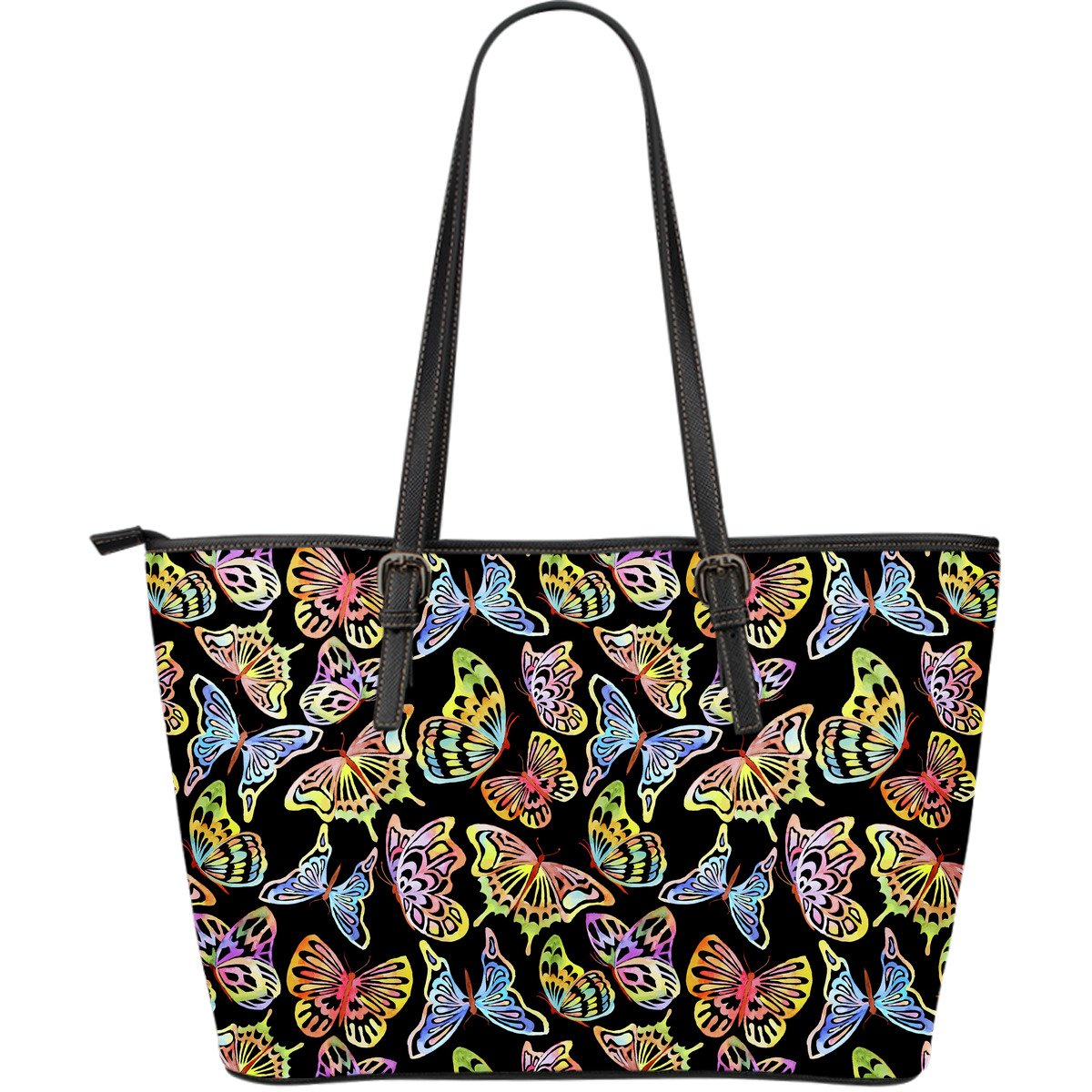 Butterfly Water Color Rainbow Large Leather Tote Bag