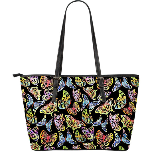 Butterfly Water Color Rainbow Large Leather Tote Bag