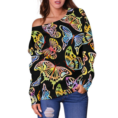 Butterfly Water Color Rainbow Off Shoulder Sweatshirt
