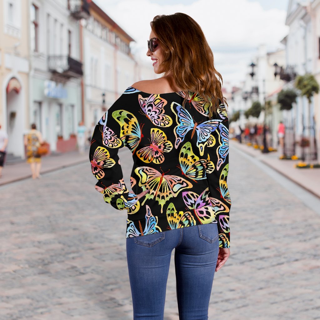 Butterfly Water Color Rainbow Off Shoulder Sweatshirt