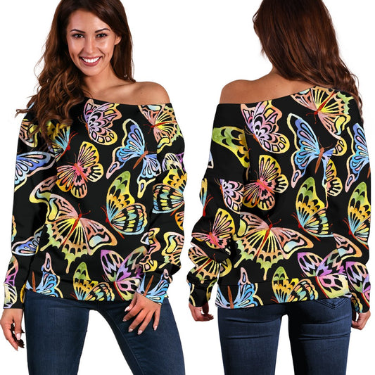 Butterfly Water Color Rainbow Off Shoulder Sweatshirt