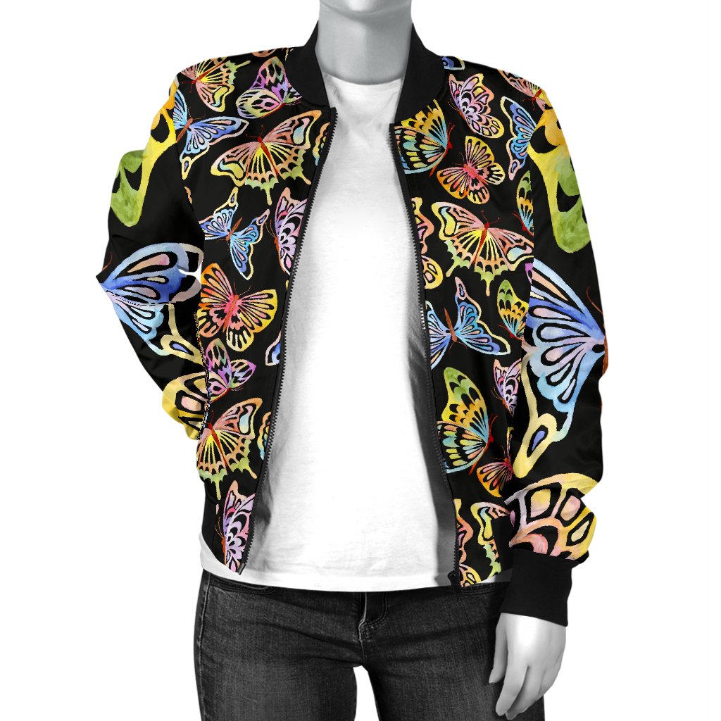 Butterfly Water Color Rainbow Women Casual Bomber Jacket