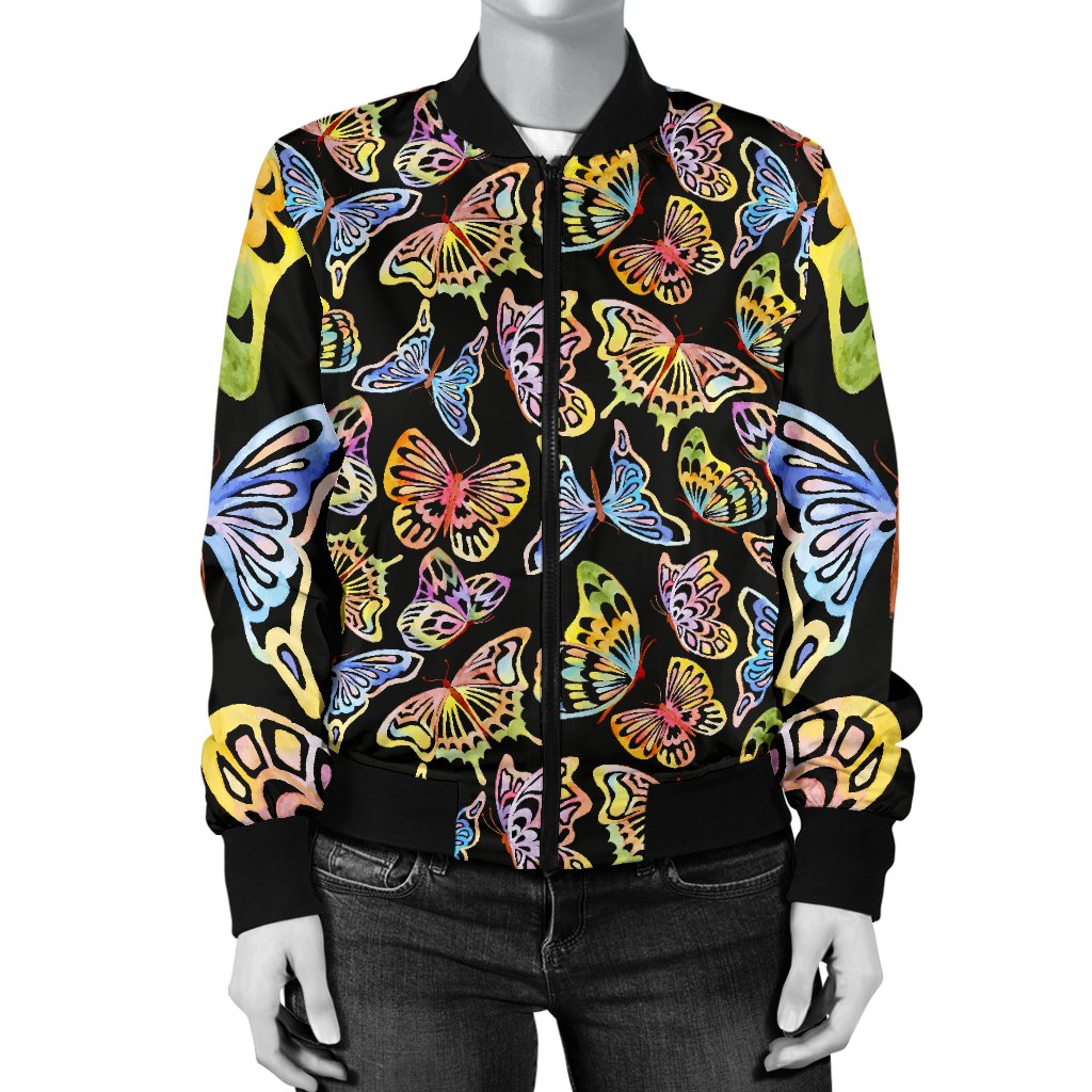 Butterfly Water Color Rainbow Women Casual Bomber Jacket