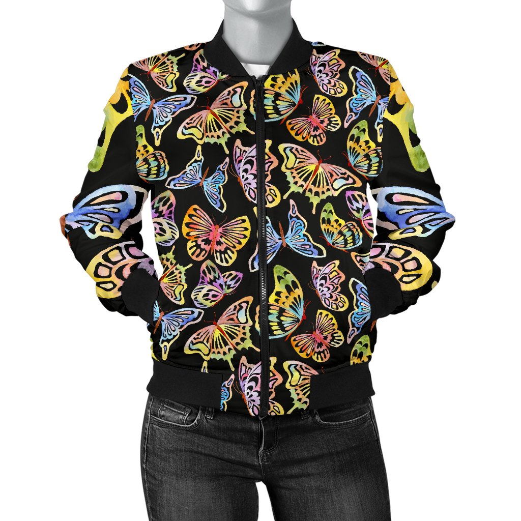 Butterfly Water Color Rainbow Women Casual Bomber Jacket
