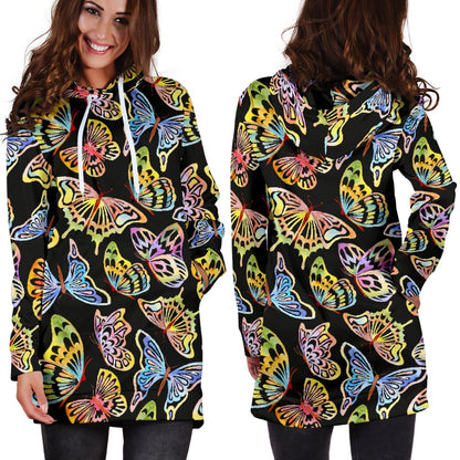 Butterfly Water Color Rainbow Women Hoodie Dress