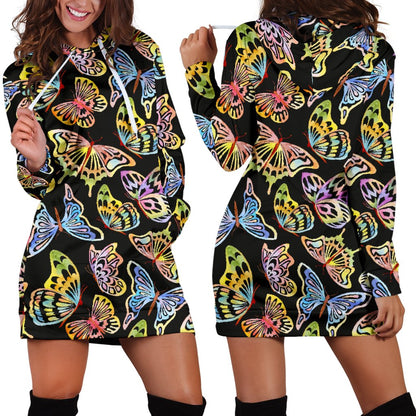 Butterfly Water Color Rainbow Women Hoodie Dress