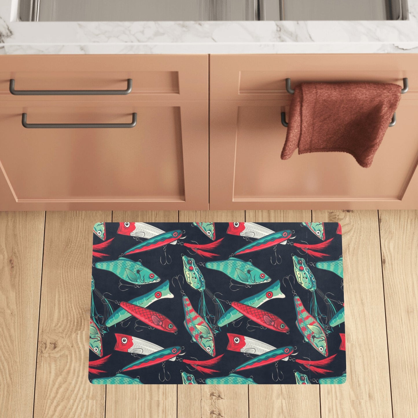 Fishing Bait Pattern Kitchen Mat