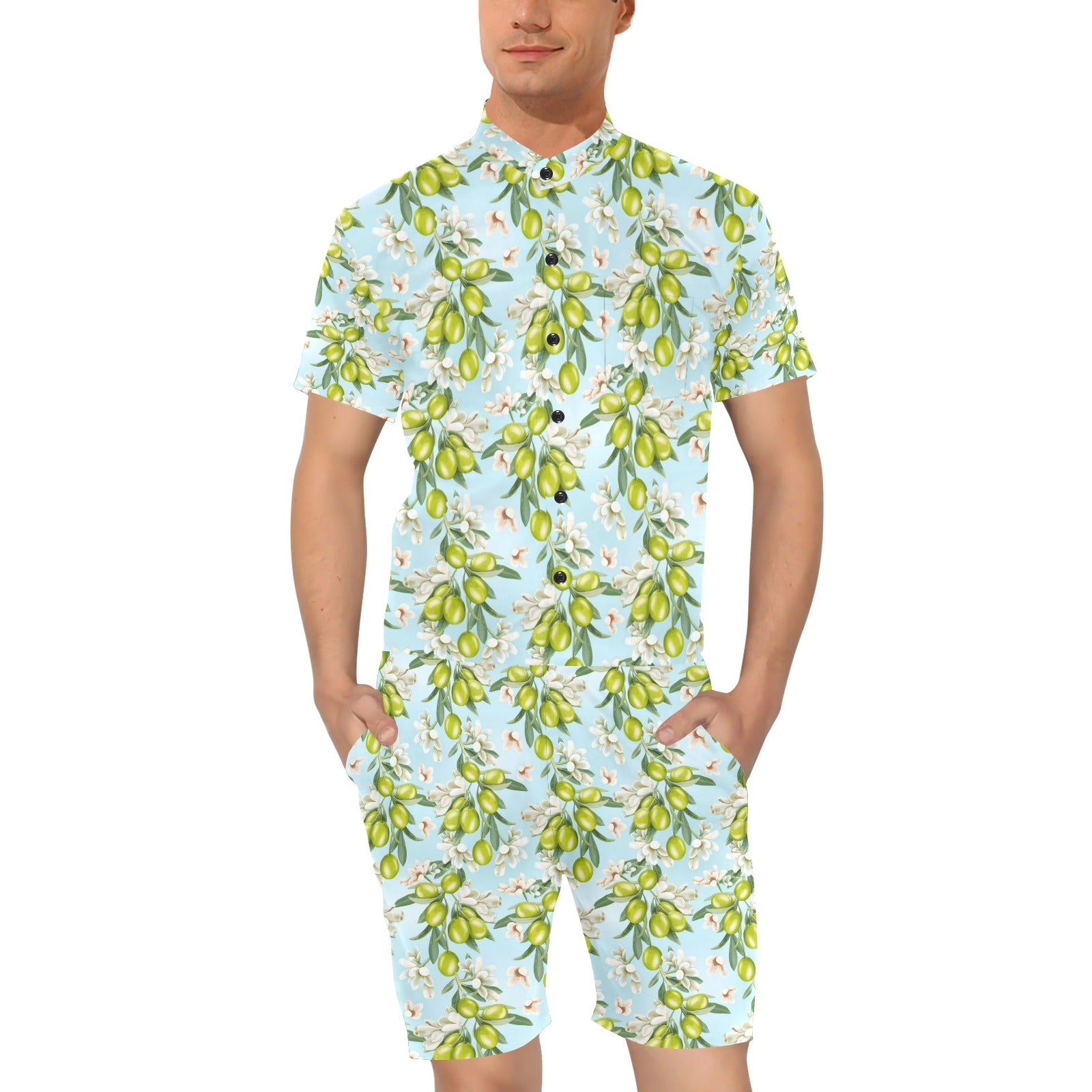 Elegant Olive Floral Print Men's Romper