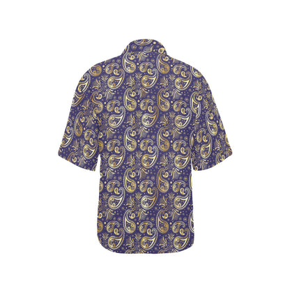 Paisley Blue Yellow Design Print Women's Hawaiian Shirt
