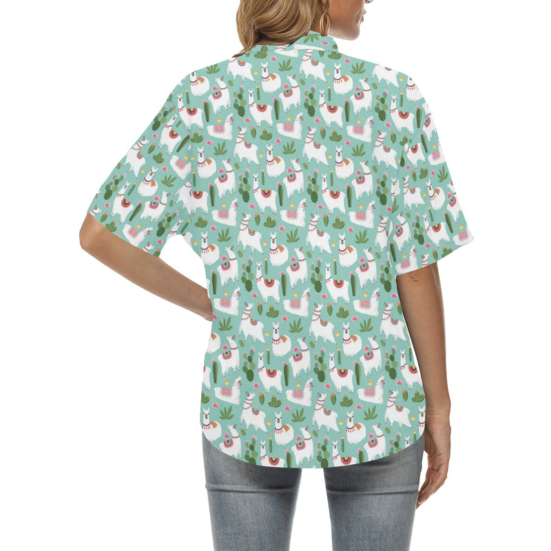 Llama with Cactus Themed Print Women's Hawaiian Shirt