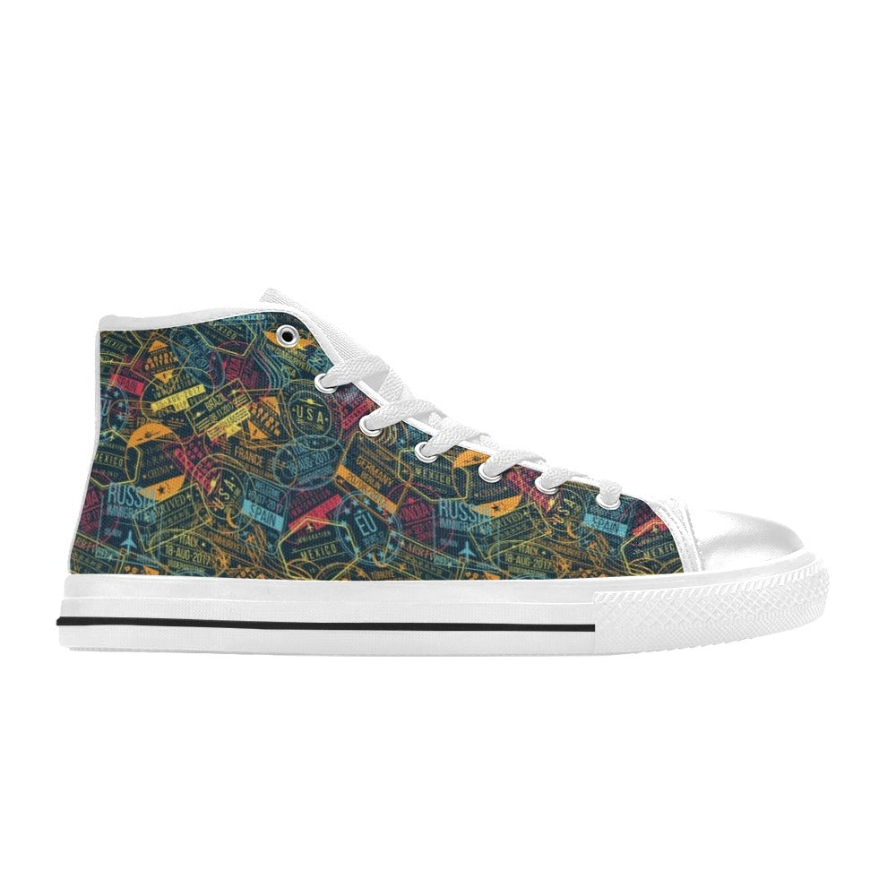 Travel Stamp Colorful Print Design LKS304 High Top Women's White Shoes