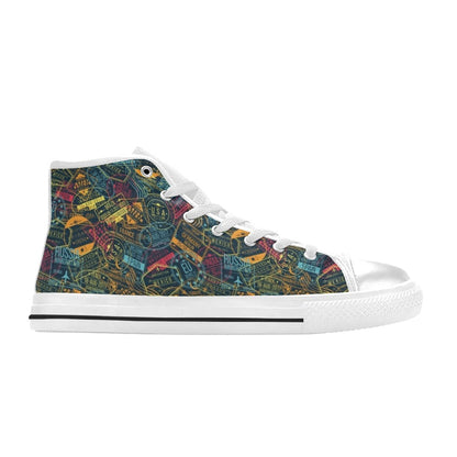 Travel Stamp Colorful Print Design LKS304 High Top Women's White Shoes