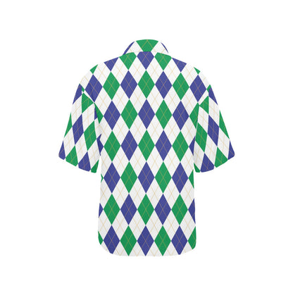 Argyle Green Blue Pattern Print Design 03 Women's Hawaiian Shirt
