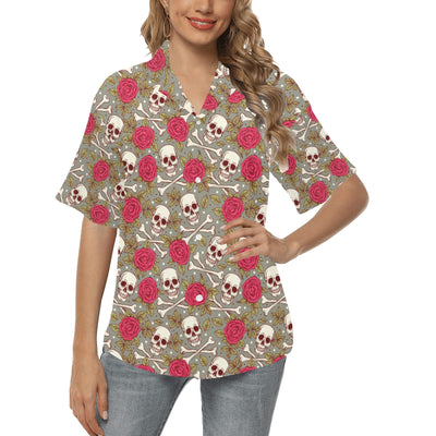 Skull Bone Rose Print Design LKS303 Women's Hawaiian Shirt