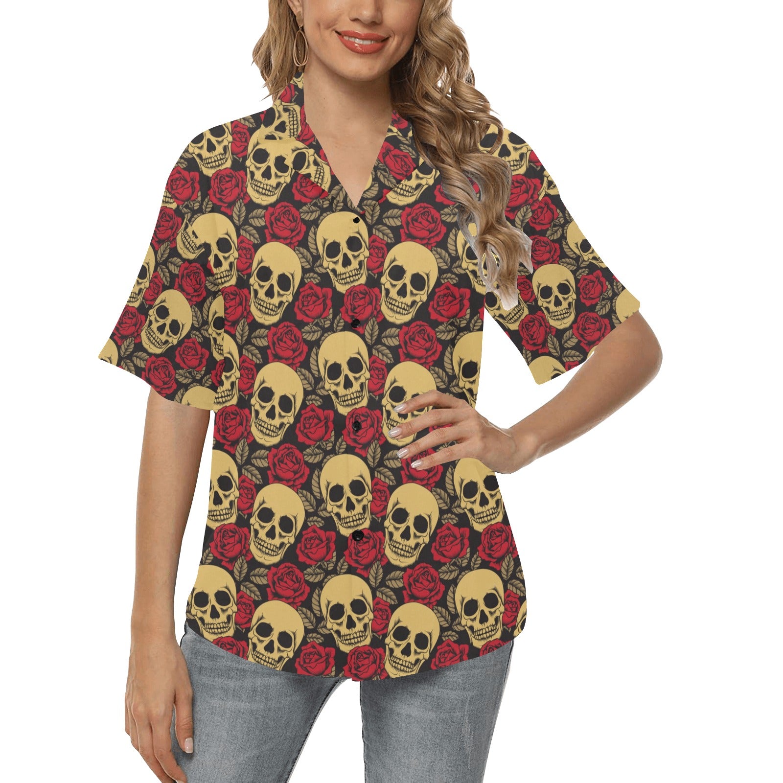 Skull And Roses Print Design LKS302 Women's Hawaiian Shirt