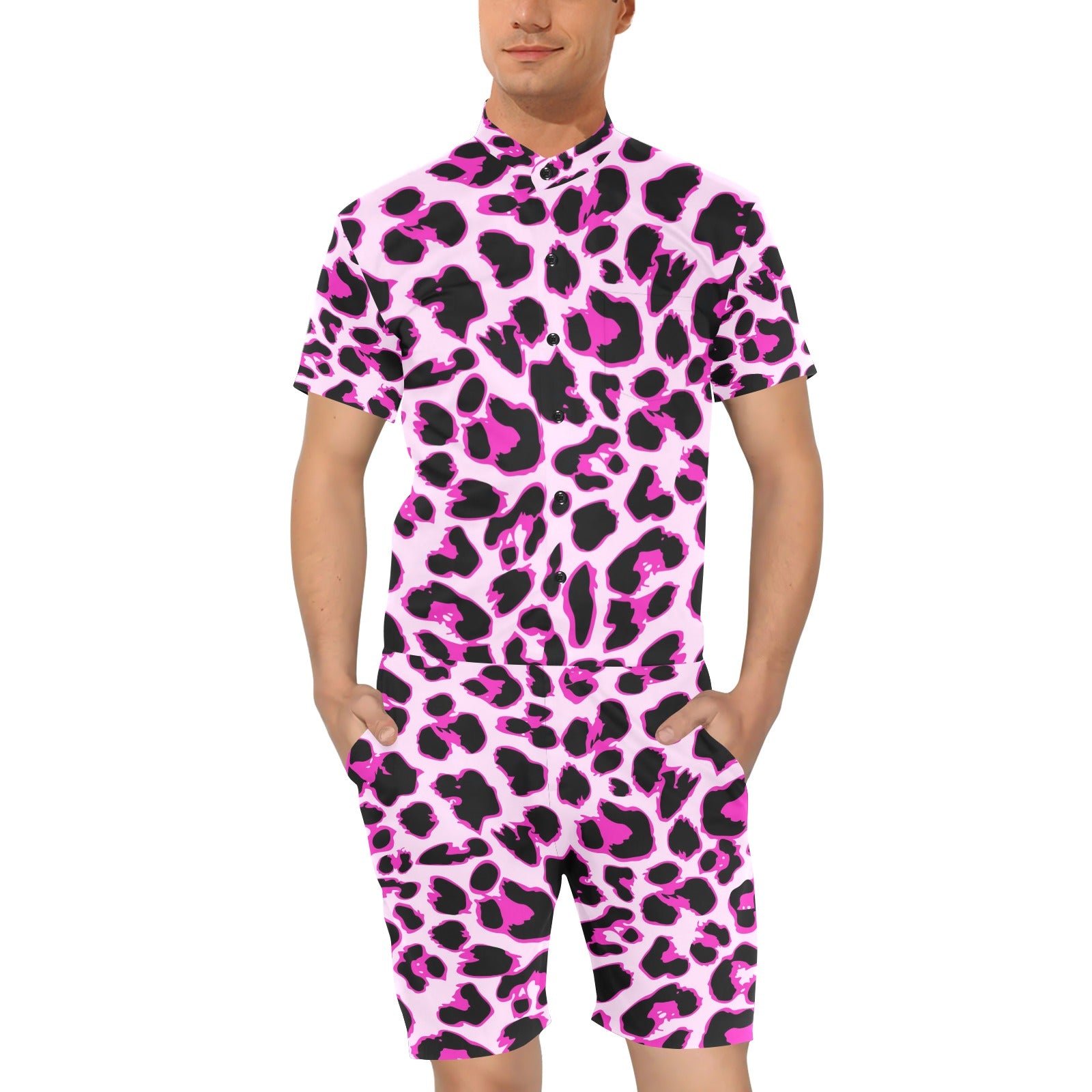 Pink Leopard Print Men's Romper