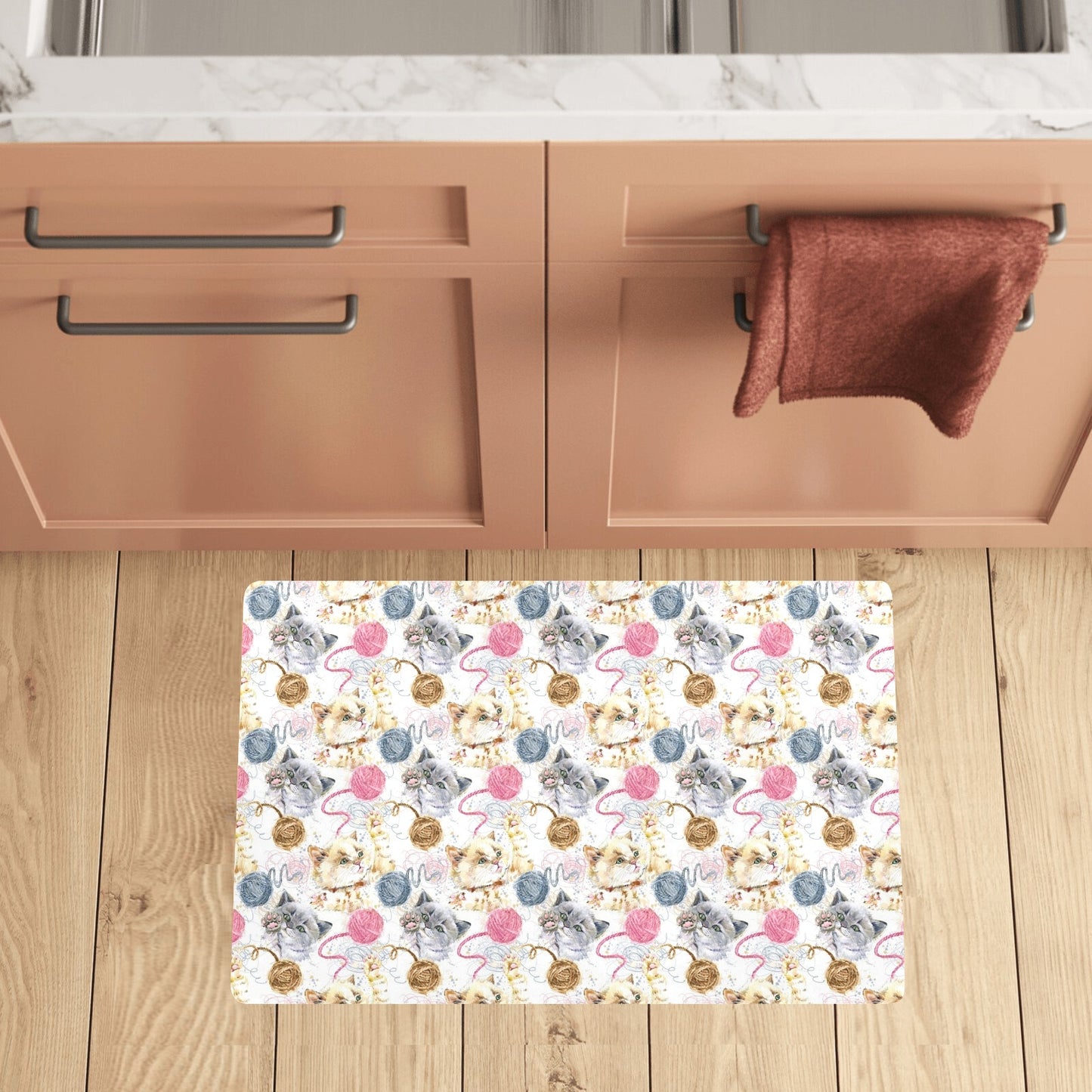 Cat Playing Yarn Pattern Print Design 07 Kitchen Mat