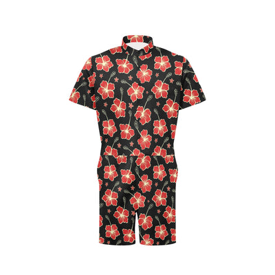 Red Hibiscus Pattern Print Design HB021 Men's Romper