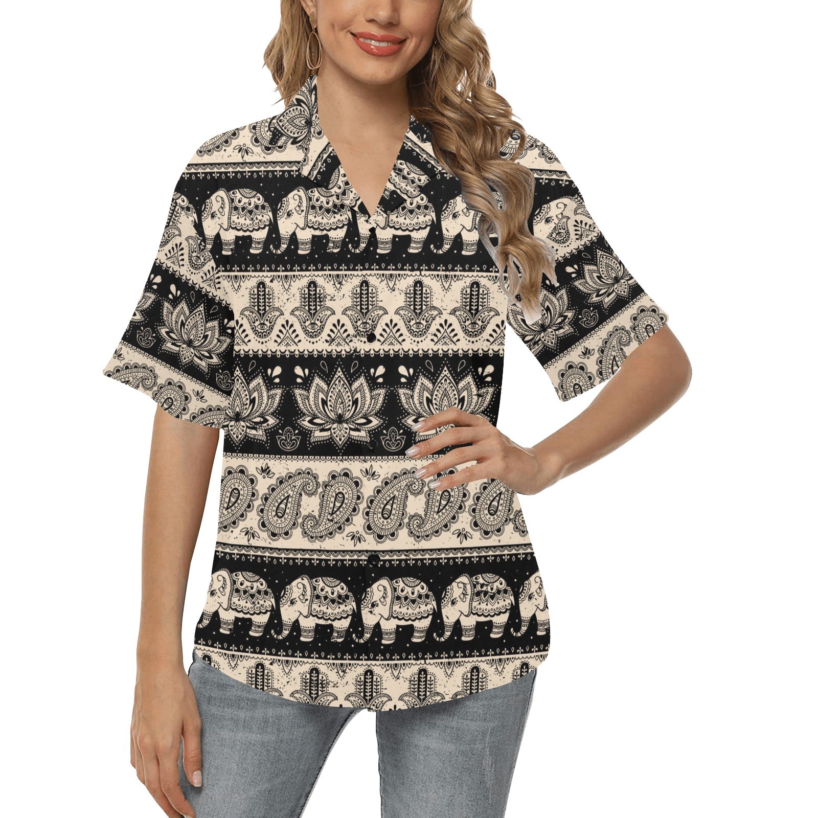 Elephant Hansa Lotus Pattern Women's Hawaiian Shirt