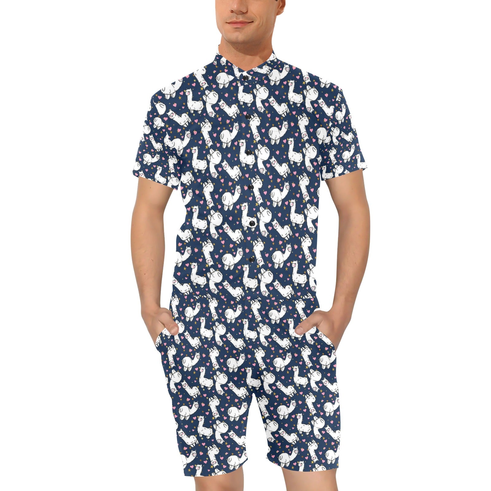 Alpaca Heart Star Design Themed Print Men's Romper